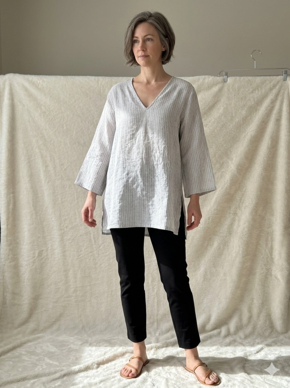 EILEEN FISHER 100% Linen Striped V-Neck Tunic Top Dress Coverup S/P 32"